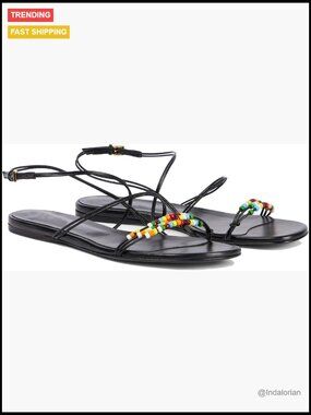 PU Leather Strappy Flat Sandals Round Open Toe Beaded Ankle Buckle